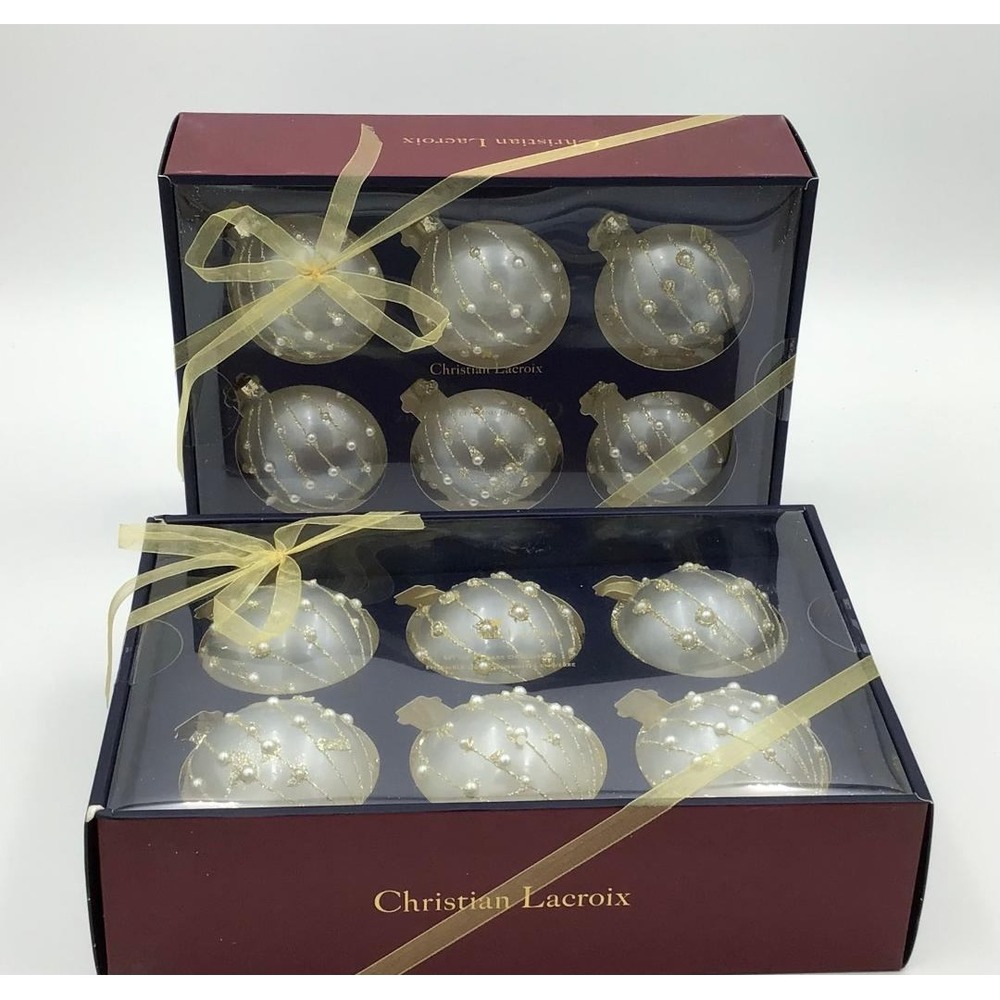 Christian Lacroix Set of 12 Glass Christmas Ornaments Frosted White Gold Pearl